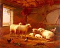 Ovejas con gallinas y una cabra en un granero Eugene Verboeckhoven animal